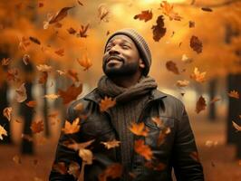 Afrikaanse Mens in emotioneel dynamisch houding Aan herfst achtergrond ai generatief foto