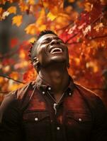 Afrikaanse Mens in emotioneel dynamisch houding Aan herfst achtergrond ai generatief foto