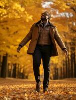 Afrikaanse Mens in emotioneel dynamisch houding Aan herfst achtergrond ai generatief foto