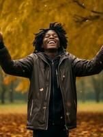 Afrikaanse Mens in emotioneel dynamisch houding Aan herfst achtergrond ai generatief foto