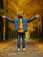 Afrikaanse Mens in emotioneel dynamisch houding Aan herfst achtergrond ai generatief foto