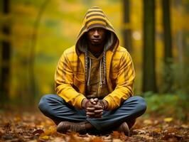 Afrikaanse Mens in emotioneel dynamisch houding Aan herfst achtergrond ai generatief foto