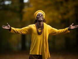 Afrikaanse Mens in emotioneel dynamisch houding Aan herfst achtergrond ai generatief foto