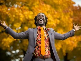 Afrikaanse Mens in emotioneel dynamisch houding Aan herfst achtergrond ai generatief foto