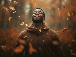 Afrikaanse Mens in emotioneel dynamisch houding Aan herfst achtergrond ai generatief foto