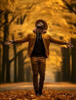 Afrikaanse Mens in emotioneel dynamisch houding Aan herfst achtergrond ai generatief foto