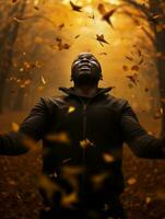 Afrikaanse Mens in emotioneel dynamisch houding Aan herfst achtergrond ai generatief foto
