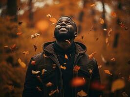 Afrikaanse Mens in emotioneel dynamisch houding Aan herfst achtergrond ai generatief foto