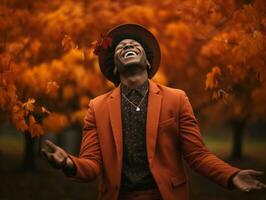 Afrikaanse Mens in emotioneel dynamisch houding Aan herfst achtergrond ai generatief foto