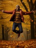 Afrikaanse Mens in emotioneel dynamisch houding Aan herfst achtergrond ai generatief foto