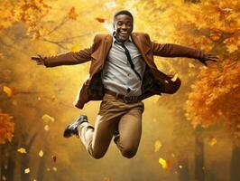 Afrikaanse Mens in emotioneel dynamisch houding Aan herfst achtergrond ai generatief foto