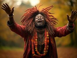 Afrikaanse Mens in emotioneel dynamisch houding Aan herfst achtergrond ai generatief foto