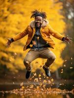 Afrikaanse Mens in emotioneel dynamisch houding Aan herfst achtergrond ai generatief foto