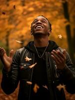 Afrikaanse Mens in emotioneel dynamisch houding Aan herfst achtergrond ai generatief foto