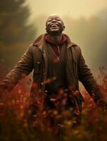 Afrikaanse Mens in emotioneel dynamisch houding Aan herfst achtergrond ai generatief foto