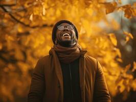 Afrikaanse Mens in emotioneel dynamisch houding Aan herfst achtergrond ai generatief foto