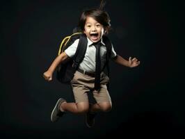 Aziatisch kind in emotioneel dynamisch houding in school- ai generatief foto