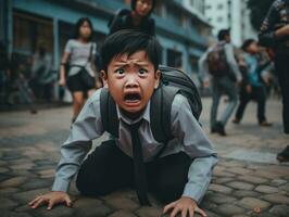 Aziatisch kind in emotioneel dynamisch houding in school- ai generatief foto