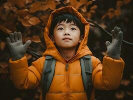 Aziatisch kind in emotioneel dynamisch houding Aan herfst achtergrond ai generatief foto