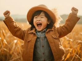 Aziatisch kind in emotioneel dynamisch houding Aan herfst achtergrond ai generatief foto