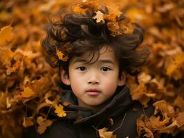 Aziatisch kind in emotioneel dynamisch houding Aan herfst achtergrond ai generatief foto