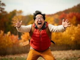 foto van emotioneel dynamisch houding Aziatisch Mens in herfst ai generatief