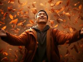 foto van emotioneel dynamisch houding Aziatisch Mens in herfst ai generatief