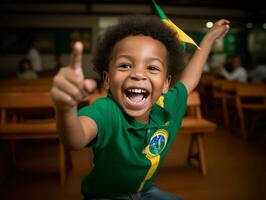 foto van emotioneel dynamisch houding Braziliaans kind in school- ai generatief