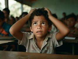 foto van emotioneel dynamisch houding Braziliaans kind in school- ai generatief