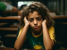 foto van emotioneel dynamisch houding Braziliaans kind in school- ai generatief