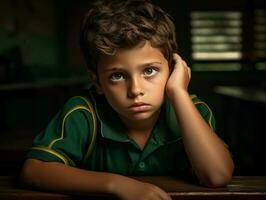 foto van emotioneel dynamisch houding Braziliaans kind in school- ai generatief