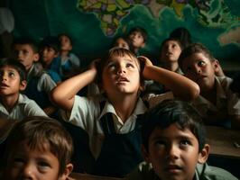 foto van emotioneel dynamisch houding Braziliaans kind in school- ai generatief