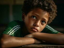 foto van emotioneel dynamisch houding Braziliaans kind in school- ai generatief