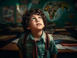 foto van emotioneel dynamisch houding Braziliaans kind in school- ai generatief