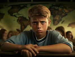 foto van emotioneel dynamisch houding Braziliaans kind in school- ai generatief