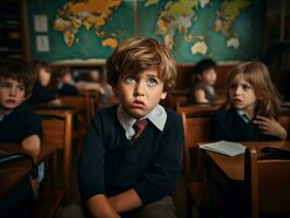 foto van emotioneel dynamisch houding Europese kind in school- ai generatief