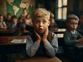 foto van emotioneel dynamisch houding Europese kind in school- ai generatief