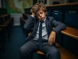 foto van emotioneel dynamisch houding Europese kind in school- ai generatief