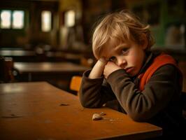 foto van emotioneel dynamisch houding Europese kind in school- ai generatief
