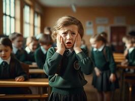 foto van emotioneel dynamisch houding Europese kind in school- ai generatief