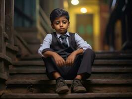 foto van emotioneel dynamisch houding Indisch kind in school- ai generatief