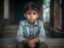 foto van emotioneel dynamisch houding Indisch kind in school- ai generatief