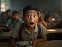 foto van emotioneel dynamisch houding Mexicaans kind in school- ai generatief