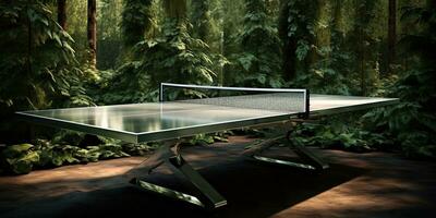 ai gegenereerd. ai generatief. buitenshuis natuur tafel tennis ping pong spel sport Bij zonsondergang. grafisch kunst foto