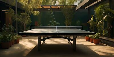 ai gegenereerd. ai generatief. buitenshuis natuur tafel tennis ping pong spel sport Bij zonsondergang. grafisch kunst foto