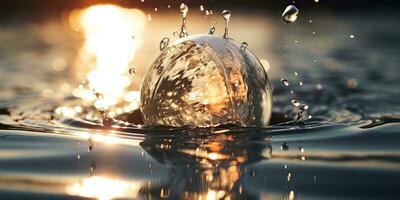 ai gegenereerd. ai generatief. glas bal vallen in de water met veel plons in de omgeving van. grafisch decoratie achtergrond. grafisch kunst foto