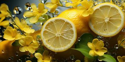 ai gegenereerd. ai generatief. natuur buitenshuis bloemen met citroen citrus en water. gezond decoratie achtergrond. grafisch kunst foto