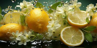 ai gegenereerd. ai generatief. natuur buitenshuis bloemen met citroen citrus en water. gezond decoratie achtergrond. grafisch kunst foto