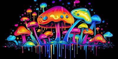 ai gegenereerd. ai generatief. neon licht helder trek verf inkt kunst paddestoel in psychedelisch stijl. grafisch kunst foto