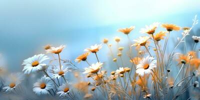 ai gegenereerd. ai generatief. buitenshuis natuur wild bloemen kamille madeliefje fabriek kruiden landschap. grafisch kunst foto